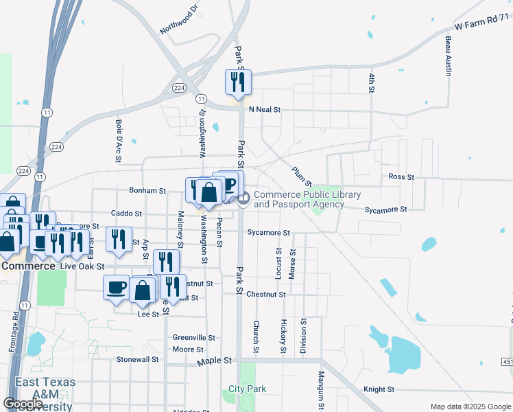 map of restaurants, bars, coffee shops, grocery stores, and more near 907 Main Street in Commerce