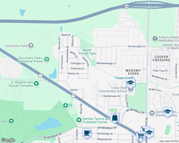 map of restaurants, bars, coffee shops, grocery stores, and more near 3428 Beatriz Drive in Denton