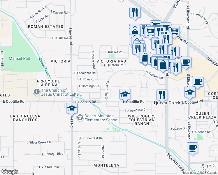 map of restaurants, bars, coffee shops, grocery stores, and more near 21800 South 202nd Place in Queen Creek