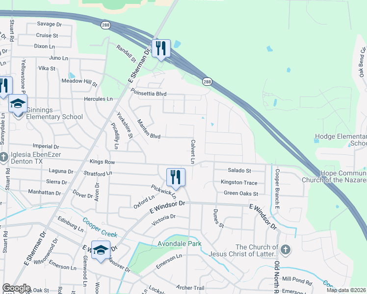 map of restaurants, bars, coffee shops, grocery stores, and more near 1905 La Vista Court in Denton