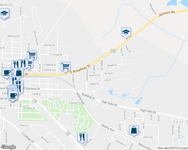 map of restaurants, bars, coffee shops, grocery stores, and more near 129 Grady Street in Griffin