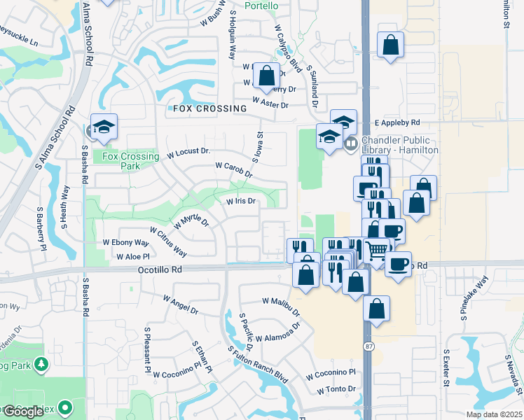 map of restaurants, bars, coffee shops, grocery stores, and more near 4 North Woodside Court in Chandler