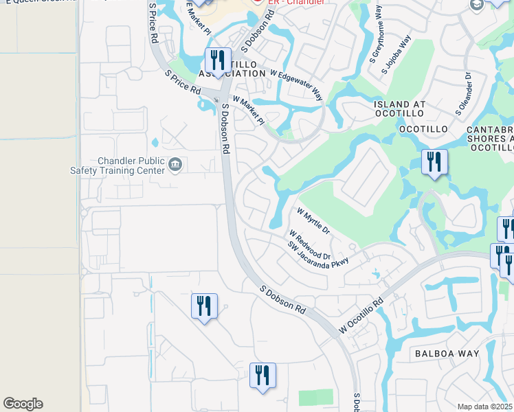 map of restaurants, bars, coffee shops, grocery stores, and more near 2352 West Redwood Drive in Chandler
