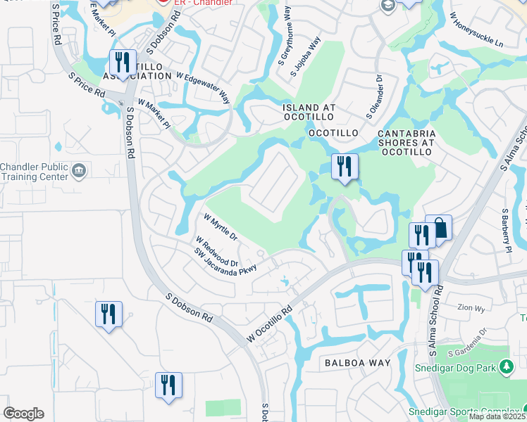 map of restaurants, bars, coffee shops, grocery stores, and more near 2001 West Hemlock Way in Chandler