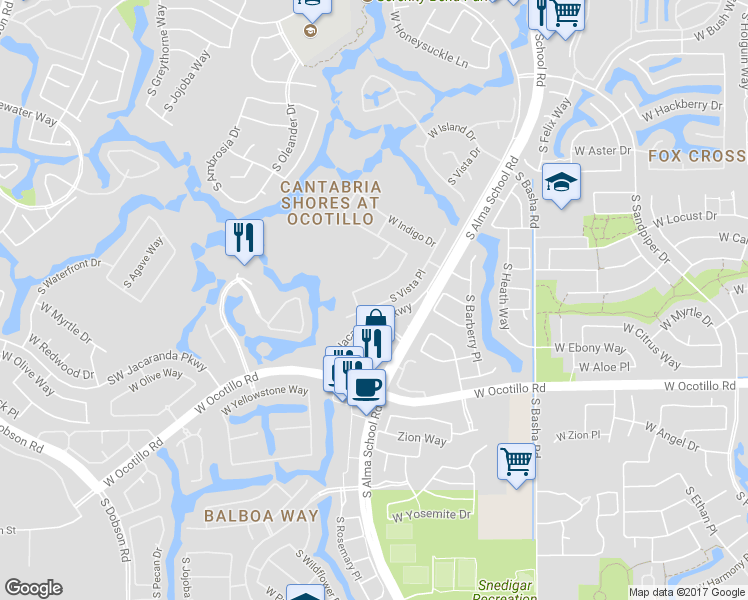 map of restaurants, bars, coffee shops, grocery stores, and more near 3770 South Vista Place in Chandler