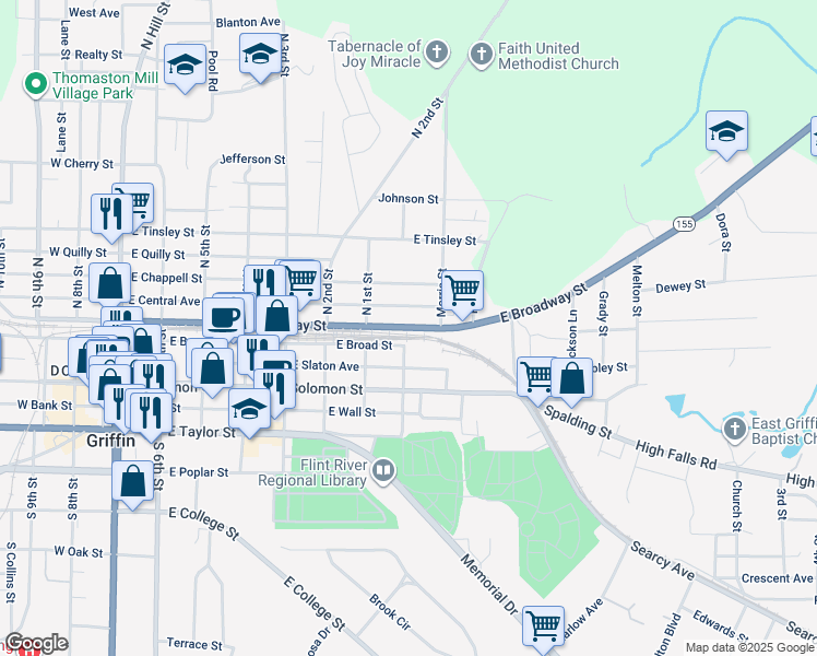 map of restaurants, bars, coffee shops, grocery stores, and more near 1010 E Broadway St in Griffin