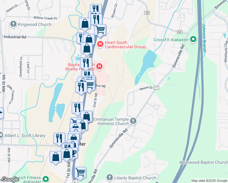 map of restaurants, bars, coffee shops, grocery stores, and more near 739 3rd Street Northeast in Alabaster