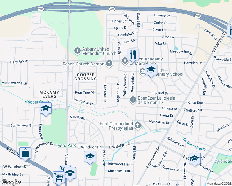 map of restaurants, bars, coffee shops, grocery stores, and more near 3307 Sagebrush Dr in Denton