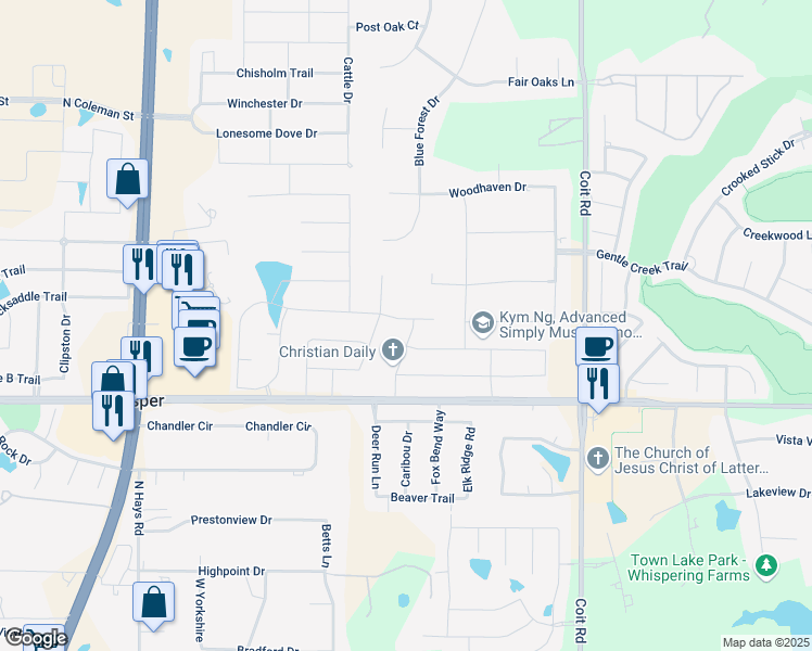 map of restaurants, bars, coffee shops, grocery stores, and more near 1301 Castle Drive in Prosper