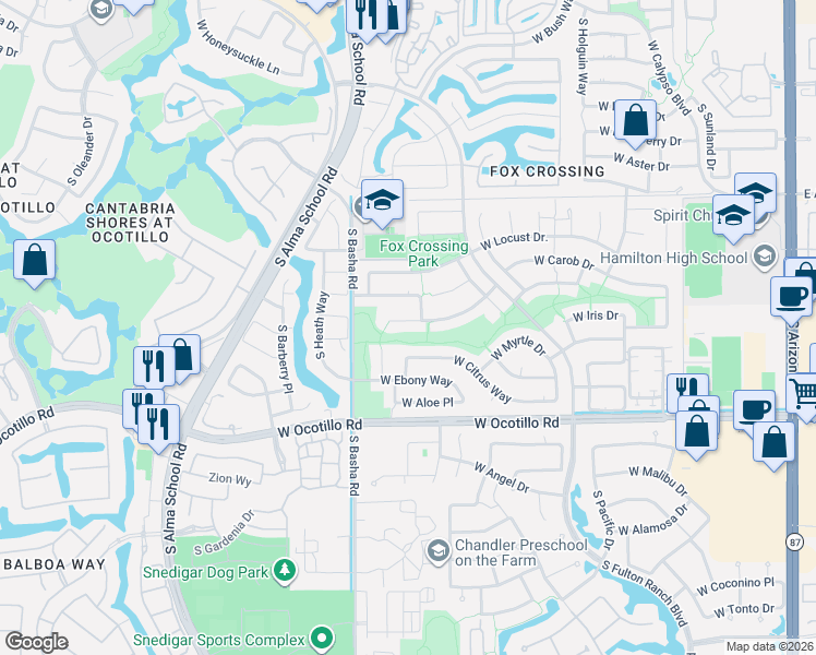 map of restaurants, bars, coffee shops, grocery stores, and more near 755 West Hemlock Way in Chandler