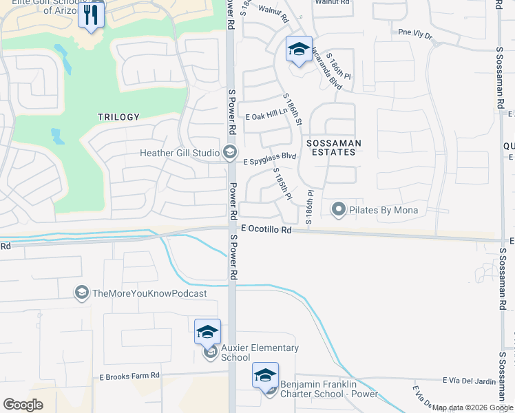 map of restaurants, bars, coffee shops, grocery stores, and more near 18459 East Aubrey Glen Road in Queen Creek