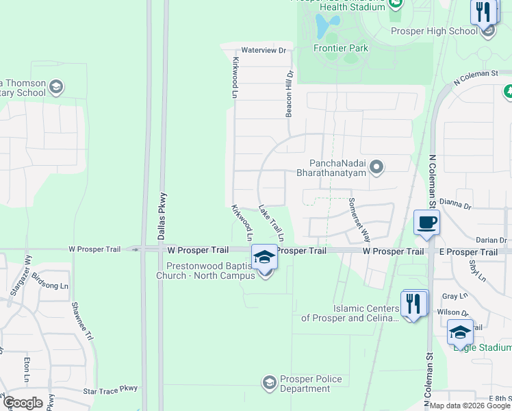 map of restaurants, bars, coffee shops, grocery stores, and more near 900 Kings View Drive in Prosper