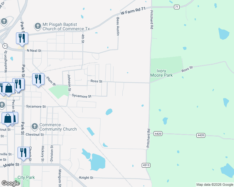 map of restaurants, bars, coffee shops, grocery stores, and more near 1221 Mosley Street in Commerce
