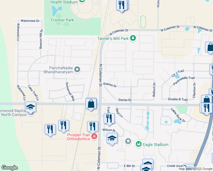 map of restaurants, bars, coffee shops, grocery stores, and more near 101 Darian Drive in Prosper