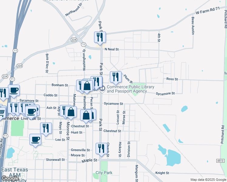 map of restaurants, bars, coffee shops, grocery stores, and more near 907 Main St in Commerce