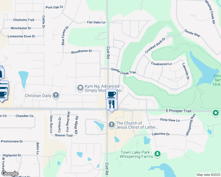 map of restaurants, bars, coffee shops, grocery stores, and more near 2550 Bendbrook Trail in Prosper