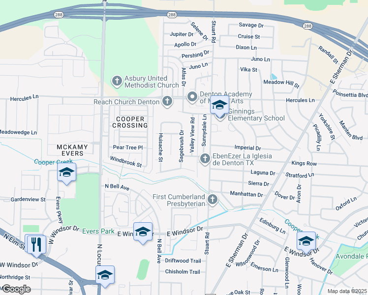 map of restaurants, bars, coffee shops, grocery stores, and more near 3307 Sagebrush Drive in Denton