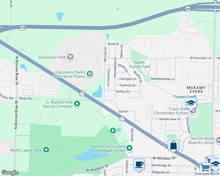 map of restaurants, bars, coffee shops, grocery stores, and more near 3425 Crisoforo Drive in Denton