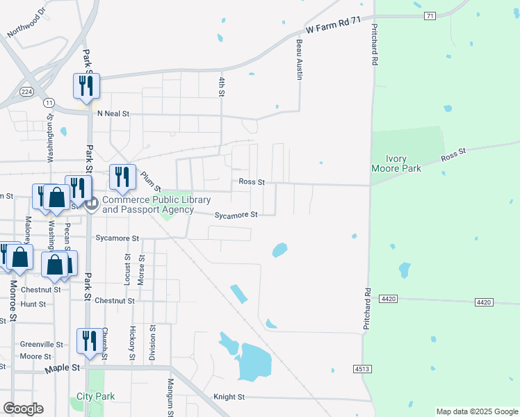map of restaurants, bars, coffee shops, grocery stores, and more near 104 Craddock St in Commerce