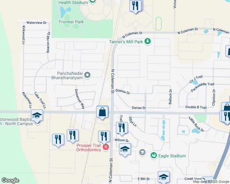 map of restaurants, bars, coffee shops, grocery stores, and more near 101 Darian Drive in Prosper