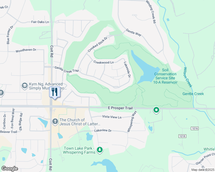 map of restaurants, bars, coffee shops, grocery stores, and more near 2940 Gentle Creek Trail in Prosper