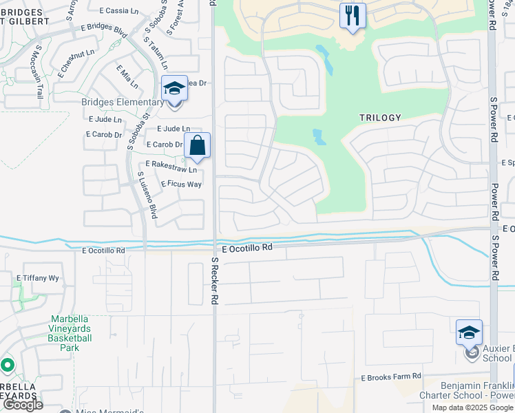 map of restaurants, bars, coffee shops, grocery stores, and more near 4121 East Narrowleaf Drive in Gilbert