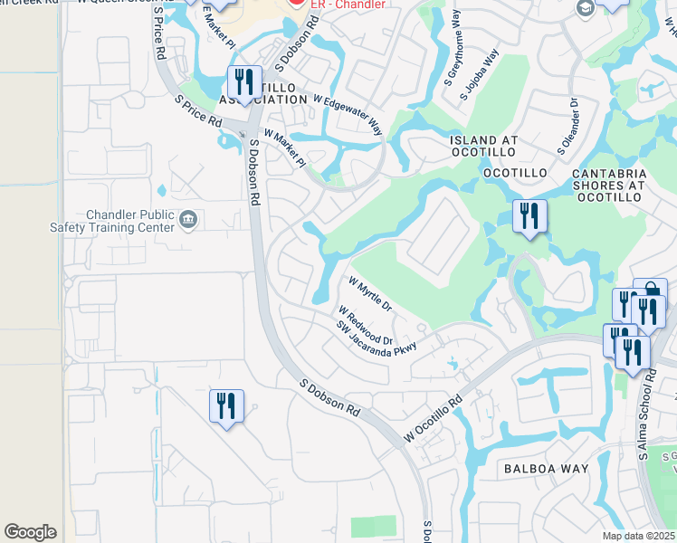 map of restaurants, bars, coffee shops, grocery stores, and more near 3740 South Waterfront Drive in Chandler