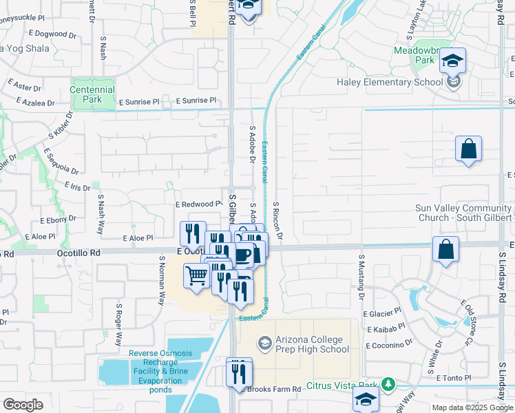 map of restaurants, bars, coffee shops, grocery stores, and more near 3851 South Adobe Drive in Chandler