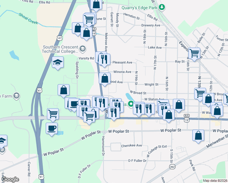map of restaurants, bars, coffee shops, grocery stores, and more near 202 Hillside Circle in Griffin