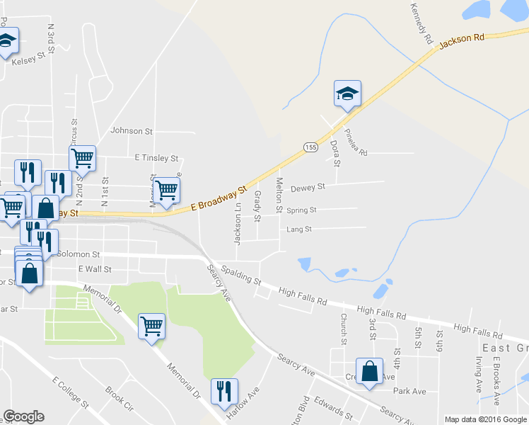 map of restaurants, bars, coffee shops, grocery stores, and more near 170 Grady Street in Griffin