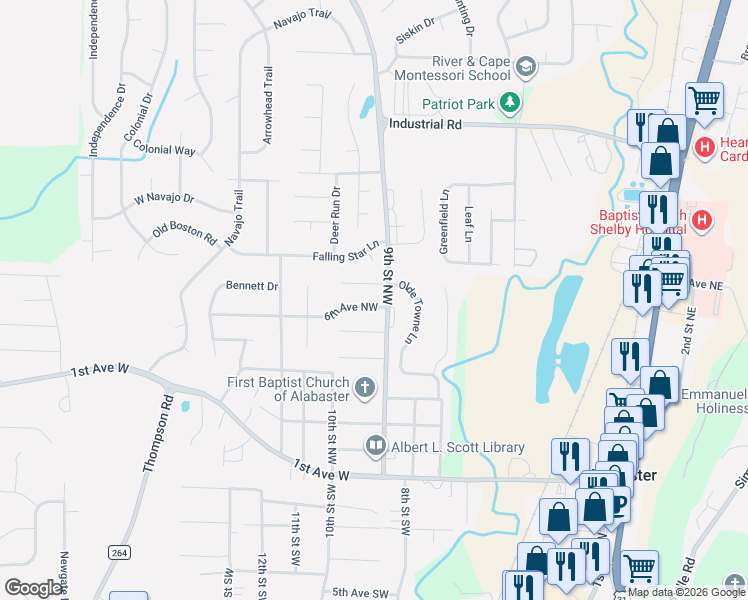 map of restaurants, bars, coffee shops, grocery stores, and more near 918 6th Avenue Northwest in Alabaster