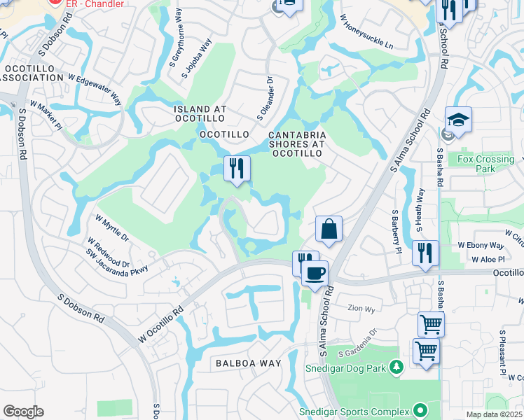map of restaurants, bars, coffee shops, grocery stores, and more near 3839 South Cantabria Circle in Chandler