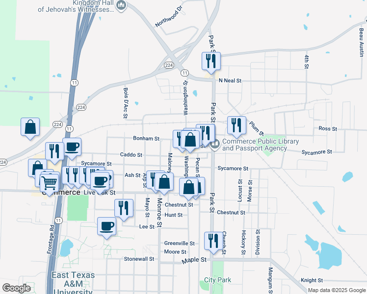 map of restaurants, bars, coffee shops, grocery stores, and more near 1213 Washington Street in Commerce