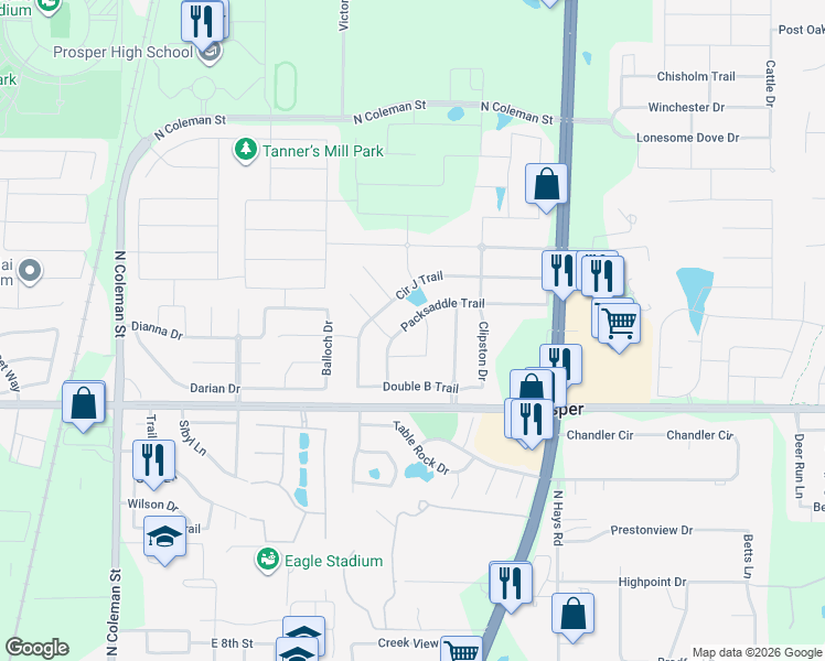map of restaurants, bars, coffee shops, grocery stores, and more near 1000 Packsaddle Trail in Prosper