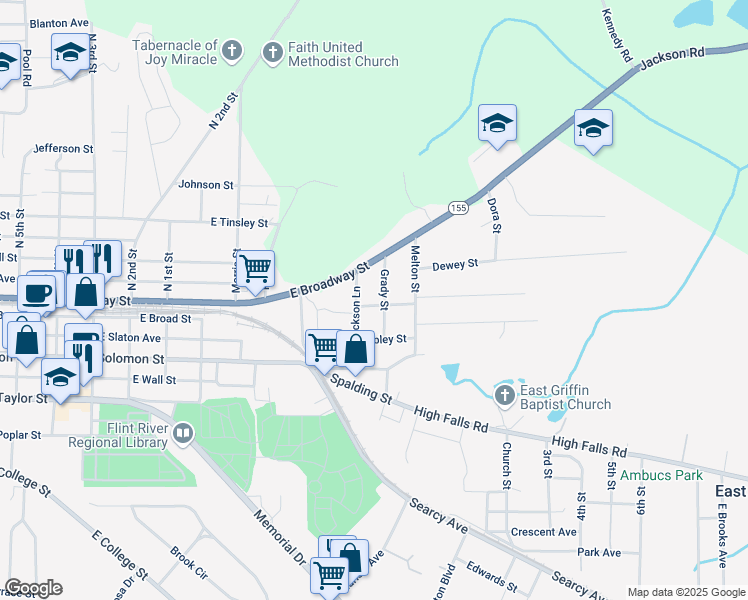map of restaurants, bars, coffee shops, grocery stores, and more near 911 Clayton Street in Griffin