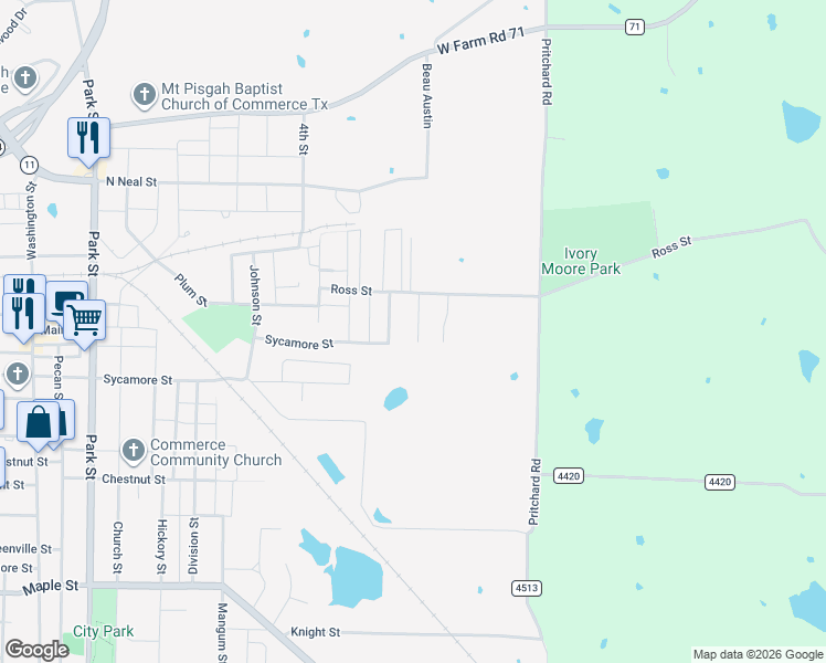 map of restaurants, bars, coffee shops, grocery stores, and more near 1221 Mosley Street in Commerce