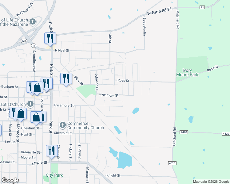 map of restaurants, bars, coffee shops, grocery stores, and more near 1310 Champion Lane in Commerce