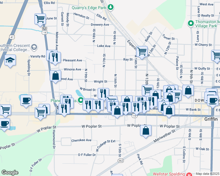 map of restaurants, bars, coffee shops, grocery stores, and more near 1017 West Broad Street in Griffin