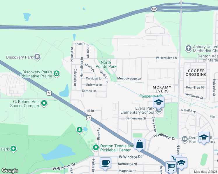 map of restaurants, bars, coffee shops, grocery stores, and more near 3428 Beatriz Drive in Denton