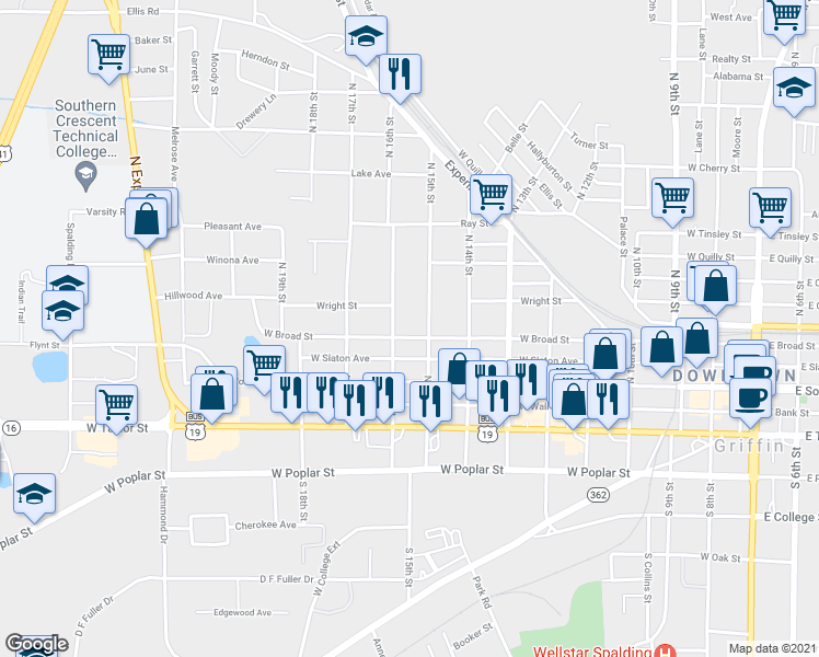 map of restaurants, bars, coffee shops, grocery stores, and more near 915 West Broad Street in Griffin