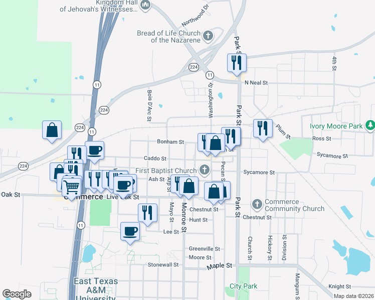 map of restaurants, bars, coffee shops, grocery stores, and more near 1210 Monroe Street in Commerce