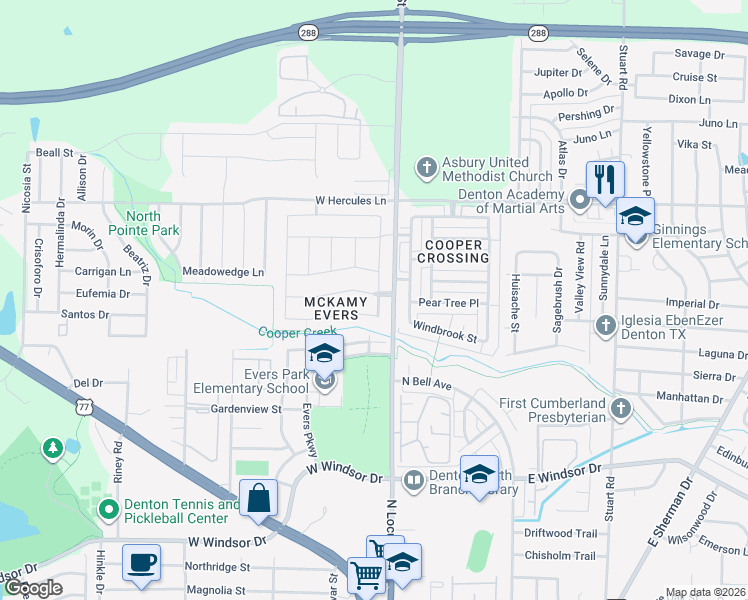 map of restaurants, bars, coffee shops, grocery stores, and more near 101 McKamy Boulevard in Denton