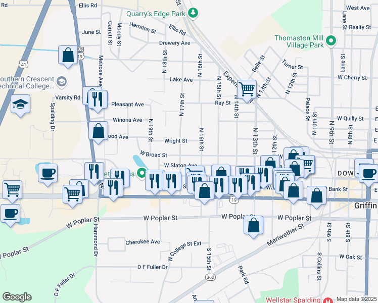 map of restaurants, bars, coffee shops, grocery stores, and more near 1013 West Broad Street in Griffin
