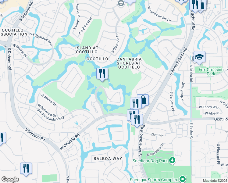 map of restaurants, bars, coffee shops, grocery stores, and more near 3839 South Cantabria Circle in Chandler