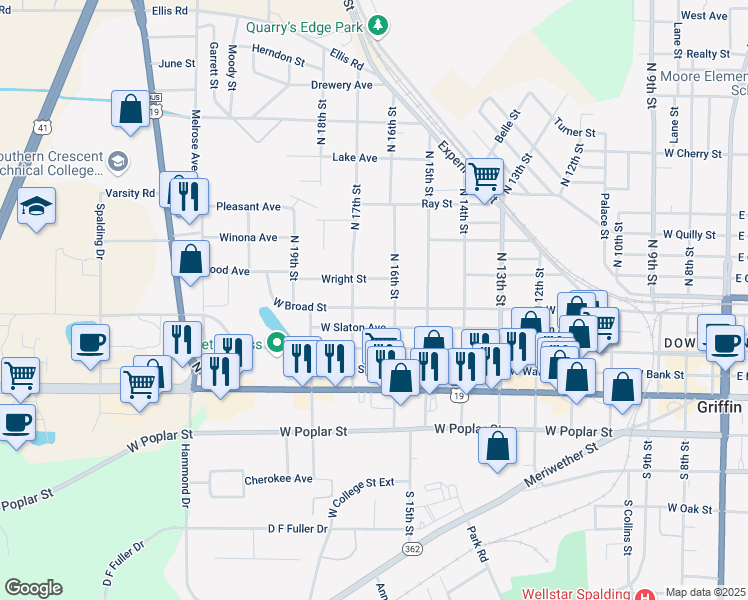 map of restaurants, bars, coffee shops, grocery stores, and more near 1017 West Broad Street in Griffin