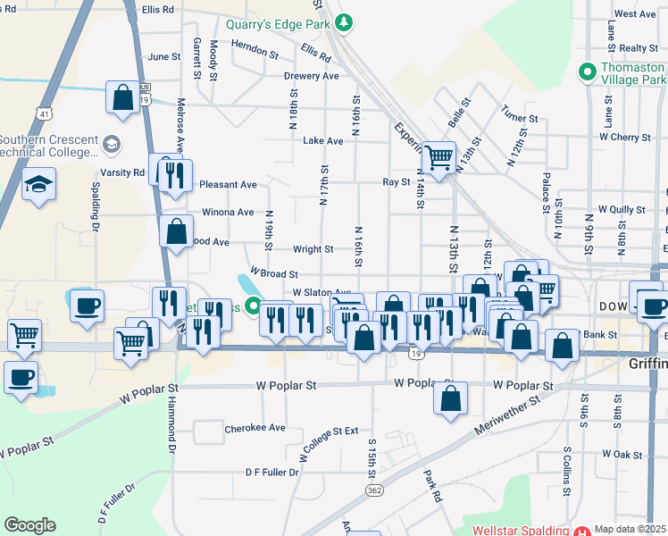 map of restaurants, bars, coffee shops, grocery stores, and more near 1025 West Broad Street in Griffin