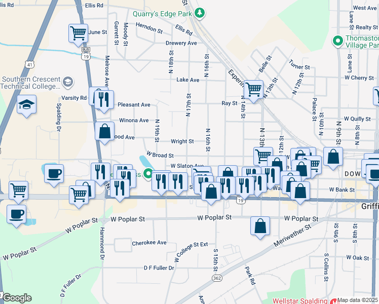 map of restaurants, bars, coffee shops, grocery stores, and more near 1013 West Broad Street in Griffin