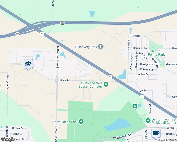 map of restaurants, bars, coffee shops, grocery stores, and more near 2217 Greystone Drive in Denton