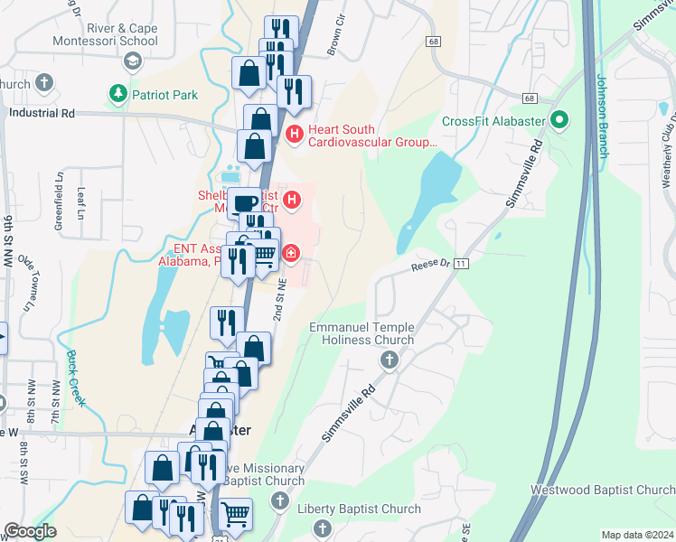 map of restaurants, bars, coffee shops, grocery stores, and more near 743 3rd Street Northeast in Alabaster
