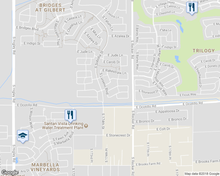 map of restaurants, bars, coffee shops, grocery stores, and more near 3850 East Narrowleaf Drive in Gilbert